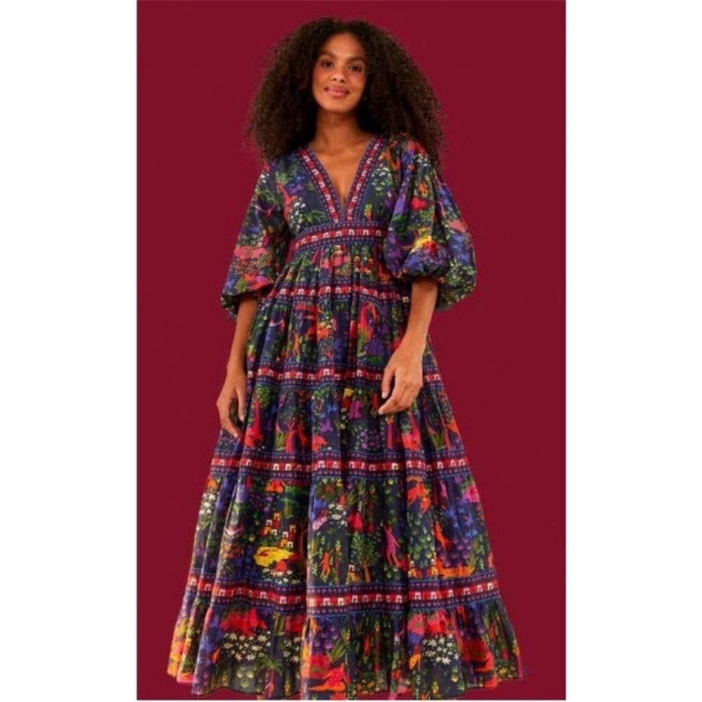FARM Rio Animal Utopia Floral Jungle Print Puff Sleeve Midi Dress XS NWT - Picture 11 of 11